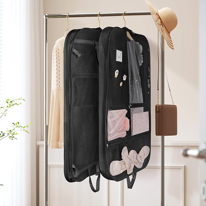 Univivi Dance Costume Garment Bag, 40 Inch Black Costume Bags For Dancers With 3 Medium Clear Zipper Pockets And 2 Back Zippered Pocket, 1 X Pendant, 3 X Badge For Competitions (2 Pack)