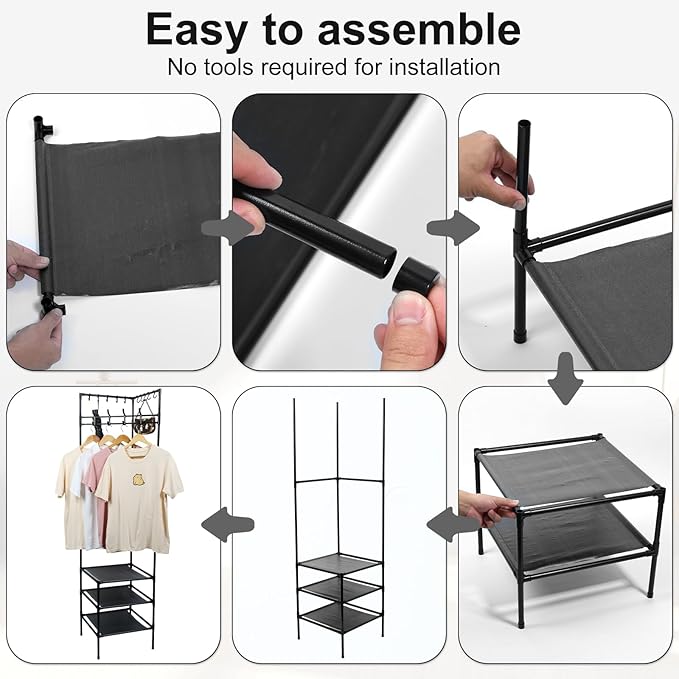 Corner Hall Tree, Freestanding Coat Rack with 3 Tier Shoes Rack Storage and 10 Movable Hooks, Corner Storage Organizer, Metal Entryway Coat Rack, Waterproof Corner Organizer Coat Rack for Home (Black)