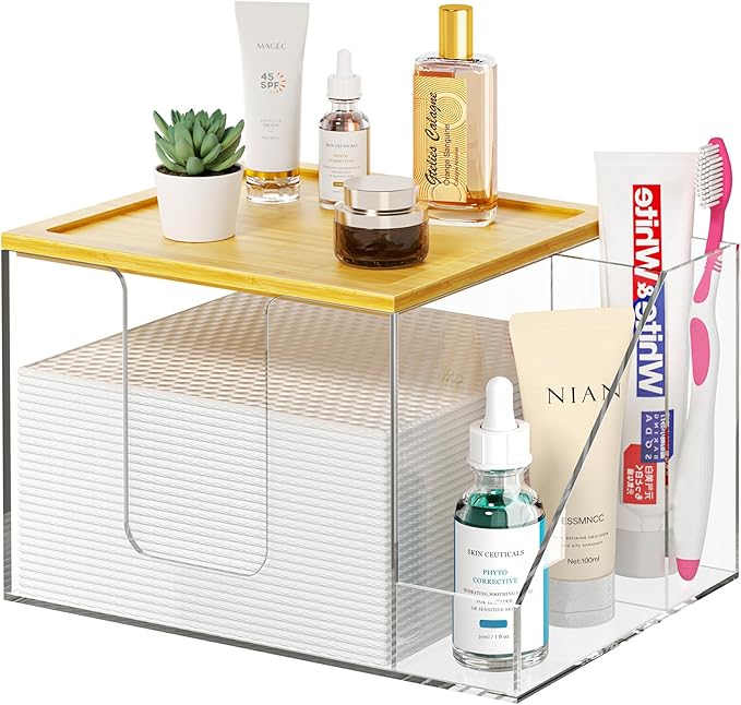 VITVITI Disposable Face Towel Holder Box, Acrylic Clean Skin Club Facial Towel Container with Toothbrush Holders, Large Disposable Face Towels Storage for Bathroom Vanity Makeup, Clear