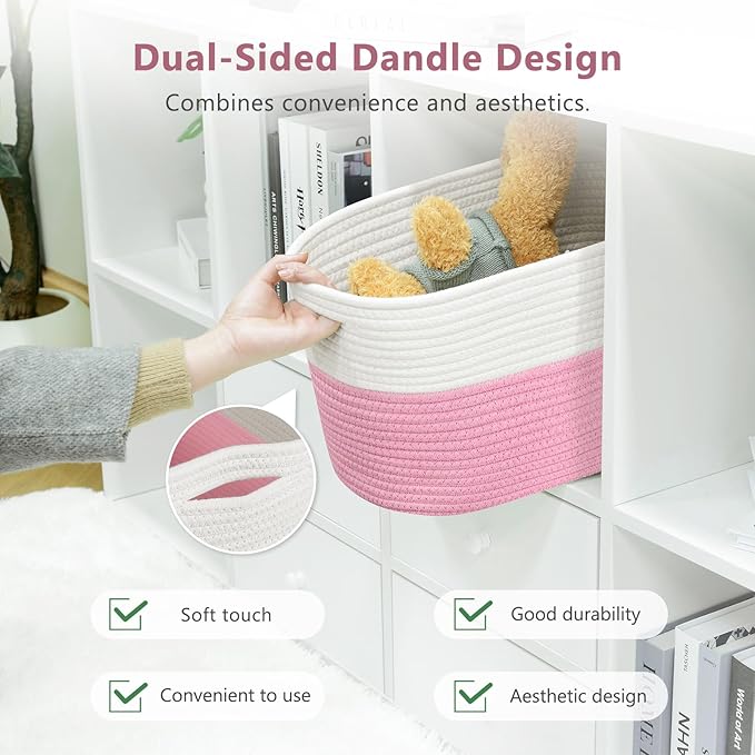 Cotton Rope Shelf Storage Basket, 15x10x9 in, Shelf Storage Baskets for Clothes, Towels, Books, Laundry (White/Pink, 2 Pack)