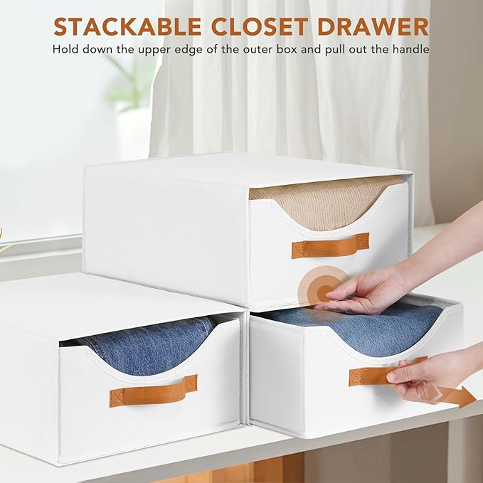 4 Pcs 16.5" Closet Drawers and Large Size Clothes Storage Bins Push-Out Storage Stackable Shelf Drawers with See-Through Window Closet Organizers for Bedroom, Living Room, Under Bed, White