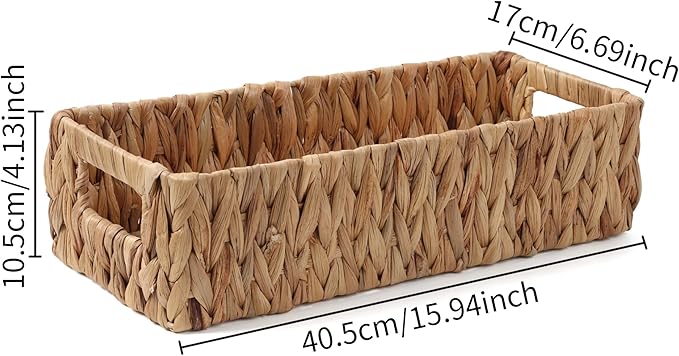 Wicker Storage Baskets with Handle Water Hyacinth Basket for Organizing Decorative Storage Bins for Countertop Toilet Tank Boho Rectangular Home Organizer (Natural, 15.9" x 6.8" x 4.1")
