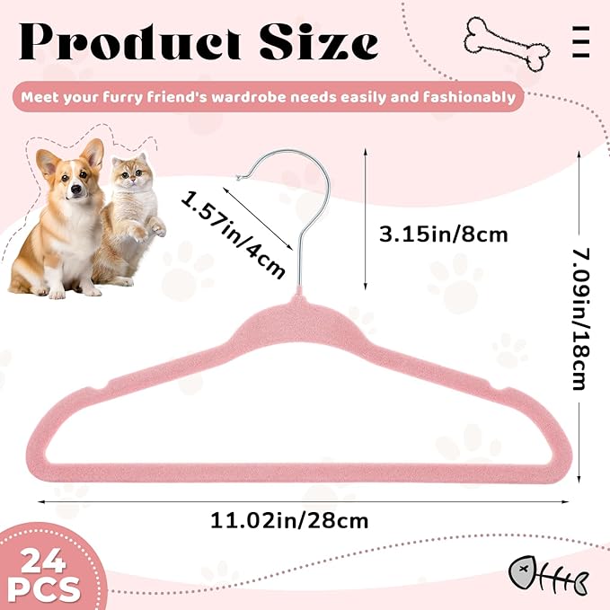 Weysat 24 Pcs Dog Clothes Hangers 11'' Non-Slip & 360° Swivel Velvet Small Pet Pink Hangers for Cats/Dogs with Rustproof Metal Hooks, Space-Saving for Home Storage & Grooming Salons Minimalism