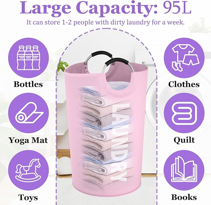 125L Pink Laundry Basket, Extra Large Clothes Basket with Handles, Waterproof Dirty Clothes Hamper, Collapsible Laundry Bin Stand Upright, Sturdy Storage Basket for Bathroom, Flat, Pink