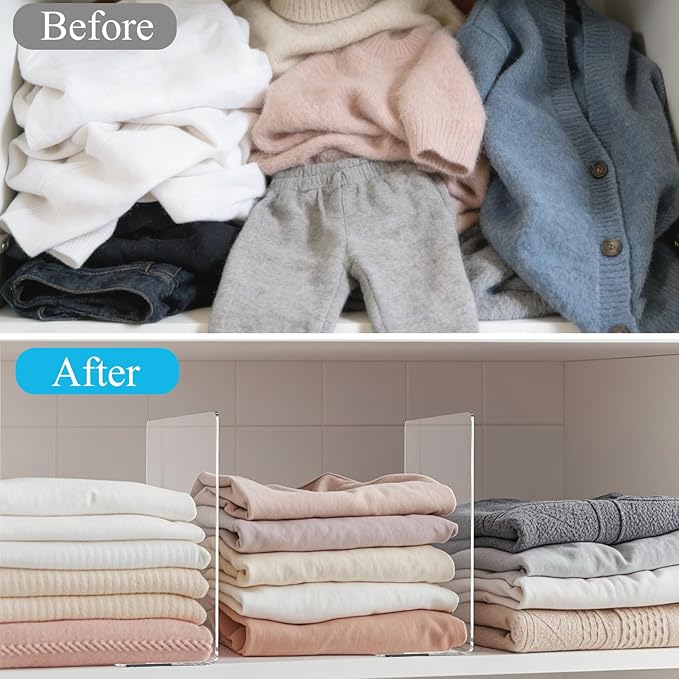 Shelf Dividers for Closet Organization: 10" Tall x 12" Deep Acrylic Closet Shelf Dividers for Clothes Sweater Purse - Clear Organizers and Storage Separators for Home Space Saver Enthusiasts