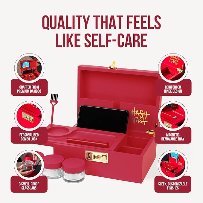 The OG Storage Box - Large Bamboo Box with Combination Lock, Magnetic Lid, Organizer Tray, Airtight Tube, Brush and 3 Glass Jars - Low Profile Decorative Storage Lock Box with Accessories (Red/Gold)
