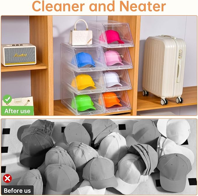 4 Pack Hat Organizer for Baseball Caps,Large Clear Cap Organizer with Drawer,Hats Holder Box for Closet with Sliding Tray,Stackable Hat Rack Display Case,Multi-use Hat Case for Caps,Each Holds 12 Hats
