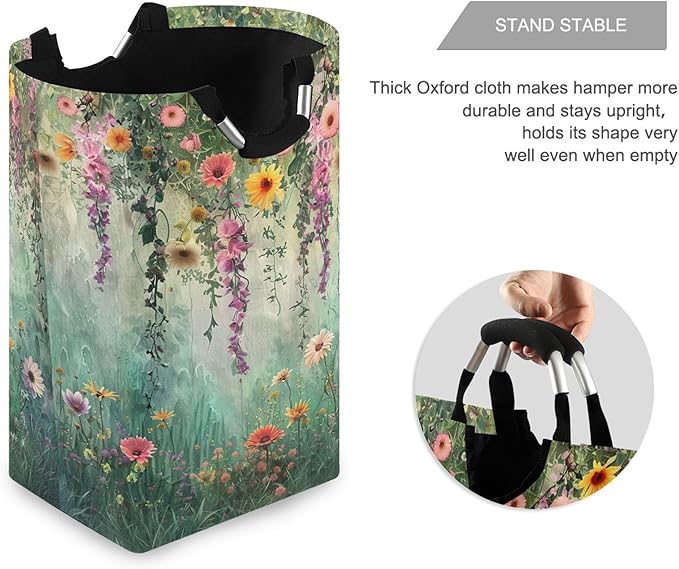xigua Watercolor Pastel Flowers Large Laundry Hamper with Handle, Foldable Clothes Hamper Collapsible Storage Basket for Toys and Clothes Organization in Bedroom, Bathroom, and Laundry Room