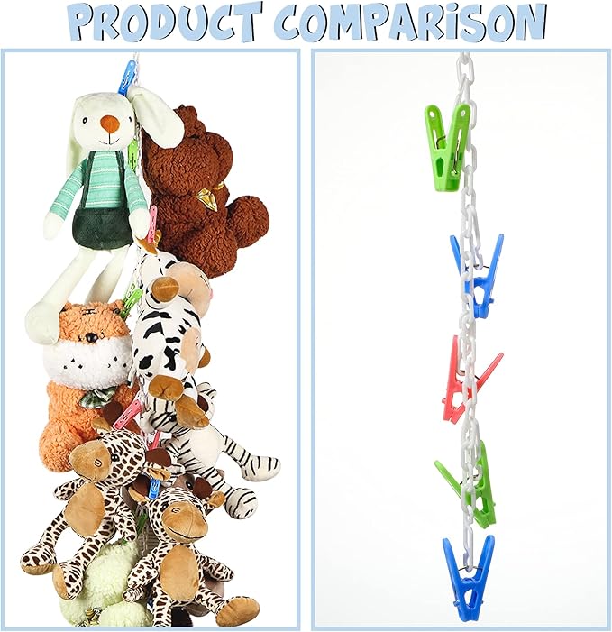 Hotop 2 Pcs Stuffed Animals Storage Chain Hanging Stuffed Animal Organizer with 40 Plastic Clips 79 Inch with Hooks for Wall Bedroom Hanging Hat Socks Holiday Card(Multicolored Clip)