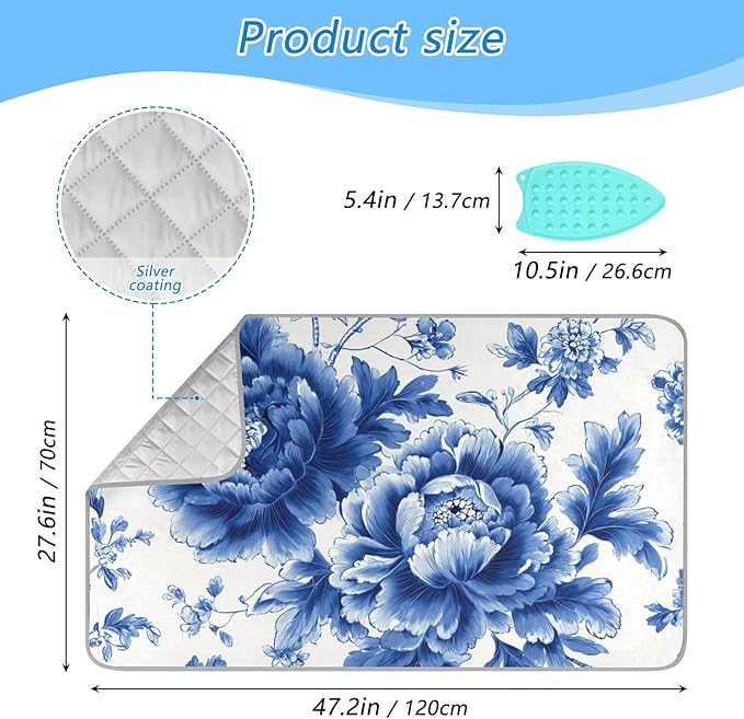 Ironing Mat Pad for Table Portable Travel Iron Blanket Ironing Board Covers Pressing Mat Heat Press Pads 27.6x47.2 Inches Blue and White Peony Flowers Butterfly55