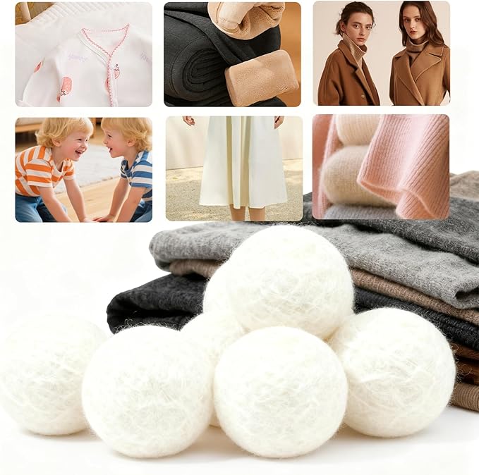 100% Pure New Zealand Wool Dryer Balls, 6-Pack - Natural Fabric Softener Alternative, Reduce Static, Soften Clothes, Shorten Drying Time & Absorb Lint (White)