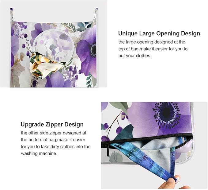 Purple and White Silver Lotus Flowers and Berries Hanging Laundry Hamper Door Hampers Bag Basket with Stainless Steel Hooks Oxford Fabric Printing Decorative Clothes Bags 29.5X20inch 2Pack