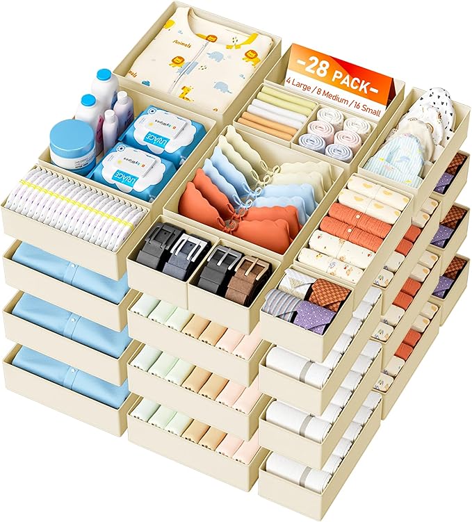 DIMJ Drawer Organizer Clothes Storage - 28 Pack Baby Dresser Organizer for Nursery, Small Fabric Closet Drawer Organizer Bins for Underwears Socks, Foldable Storage Dividers Organization for Bedroom