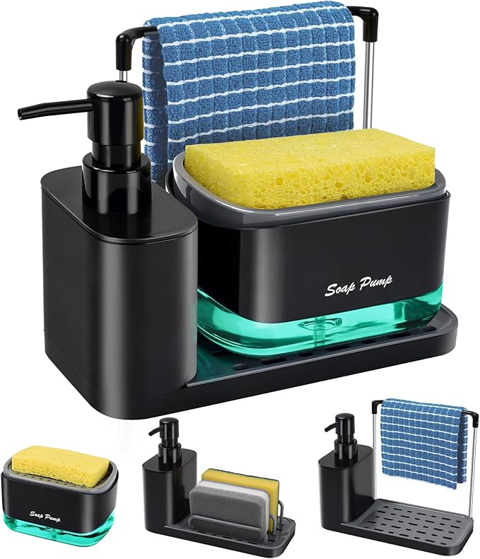 Kitchen Soap Dispenser Set with Tray and Sponge Holder, Dish and Hand Soap Dispenser with Dishcloth Holder 5-in-1 Kitchen Sink Countertop Storage Organizer, Practical Kitchen Gadgets - Black