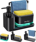 Kitchen Soap Dispenser Set with Tray and Sponge Holder, Dish and Hand Soap Dispenser with Dishcloth Holder 5-in-1 Kitchen Sink Countertop Storage Organizer, Practical Kitchen Gadgets - Black