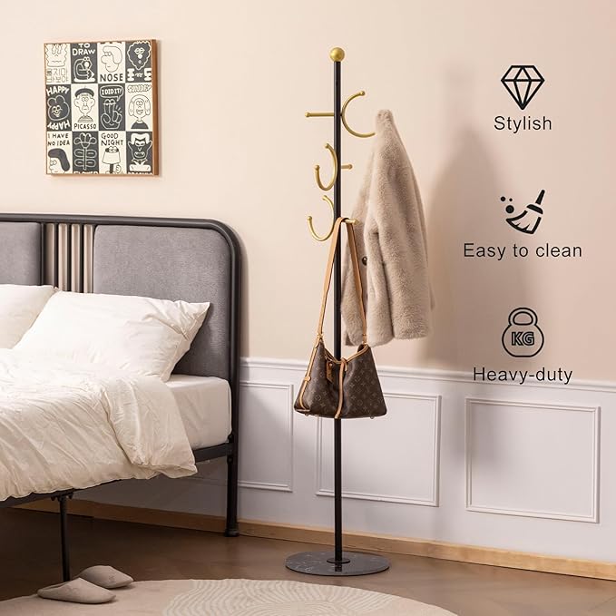 Coat Rack Freestanding Metal Corner Clothing Rack with Round Marble Base 8 Hooks Heavy Duty Coat Tree for Hanging Clothes Bag Hats 13.78x13.78x67.72 in (Black)