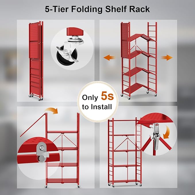 Himix Storage Shelves with 20 Hooks, 5-Tier Foldable Shelves for Storage, Folding Utility Shelf Unit Pantry Shelf with Wheels, Metal Shelving Unit Rack for Garage Christmas Room, Red - No Assembly