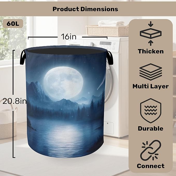 Full Moon Starry Sky Forest Laundry Basket - Heavy Duty 60L Dirty Clothes Organizer, Water Resistant Foldable Hamper for Men Women