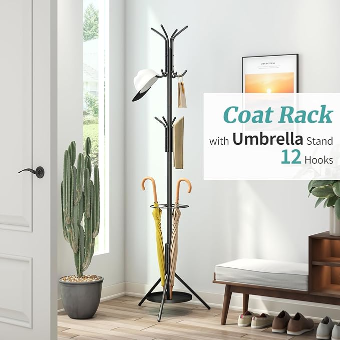 Black Coat Rack, Coat Rack Freestanding with Umbrella Holder, Adjustable Height Shelf with 12 Hooks, Used In The Bedroom, Living Room, Office To Hang Clothes, Hats, Bags