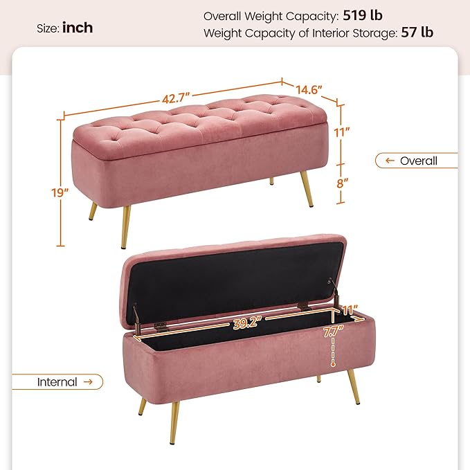Yaheetech Ottoman with Storage 2pcs, Velvet Entryway Bench with Safety Hinge, Upholstered Bench with Seating for Bedroom, Living Room, Holds up to 519 lb, Pink