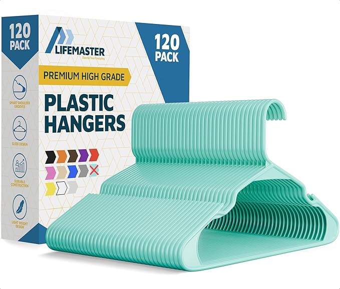Lifemaster Plastic Clothes Hangers – Heavy Duty Hanger Set, for Organizing Clothes, Dresses, and Coat, Holds Up to 5 lbs, Space-Saving Hangers with Non-Slip Shoulder Grooves, Pack of 120, Aqua
