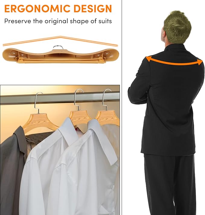 DEDU Suit Hangers for Men 15 Pack Width 17.5", Coat Hangers No Shoulder Bump Non Slip, Plastic Extra Wide Shoulder with Pants Bar & Metal Hook (Natural)