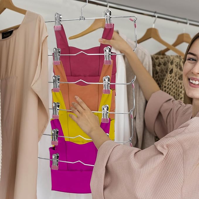 Skirt Pants Hangers with Clips，6Tier Skirt Hangers Space Saving,Metal,Non Slip Closet Organizer and Storage Multi Clothes Shorts Hanger Organization(2, Pink)