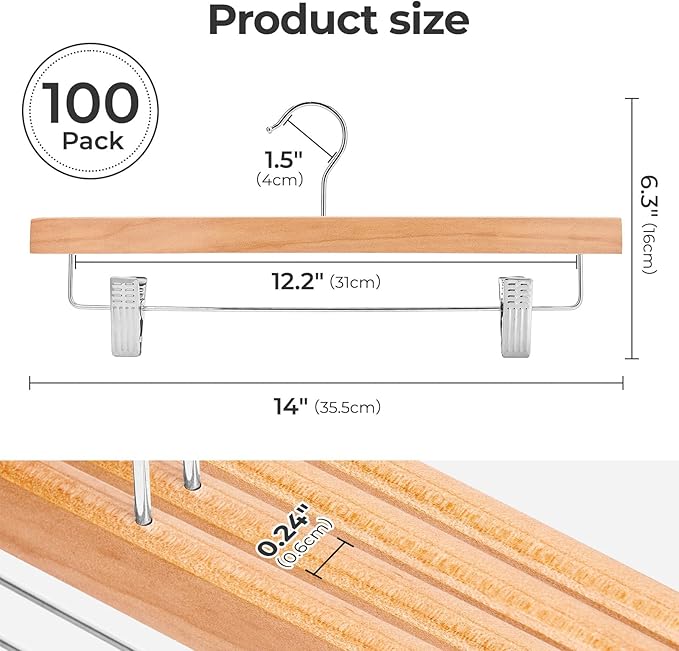 HOUSE DAY Premium Wooden Pants Hangers 100 Pack, Solid Lotus Wood Skirt Hangers with 2-Adjustable Clips, Heavy Duty & Anti Slip Wood Bottom Hanger for Slacks, Jeans, Trousers, Shorts (Natural)
