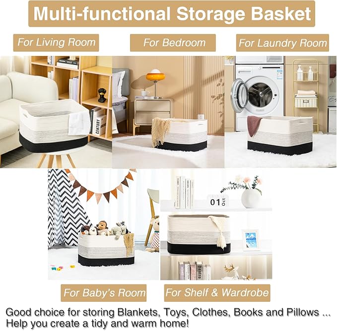 Large Blanket Basket Living Room, Rectangle Toy Storage Basket, Large Baskets for Blankets, Woven Cotton Rope Baskets for Storage, Books, Shoes, Dirty Clothes, 22”x17”x12”, Gradient Black, 75L