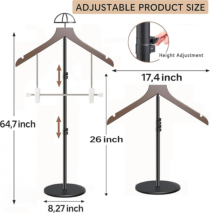 T Shirt Stand Display 26-64.7 Inch with Pants Clip and Hat Rack,Height Adjustable for Long Short Clothes Dress,Display Mannequin for Store,Closet,Photoshoot,Exhibition,Vendors Shop,Parties(1 Brown )