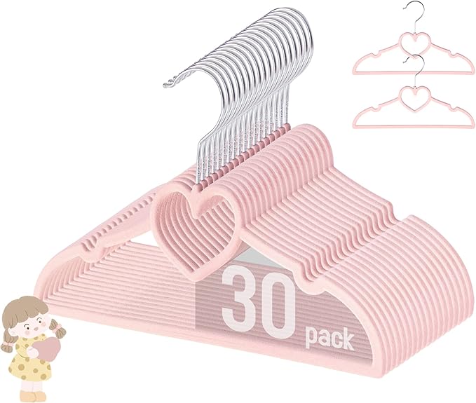 GOSCHE Baby Hangers 11 inch, Toddler Velvet Hnagers, Non-Slip for Baby and Children Clothes, Durable Ultra-Slim Space-Saving Closet Organizers, Pink, 30 Pack