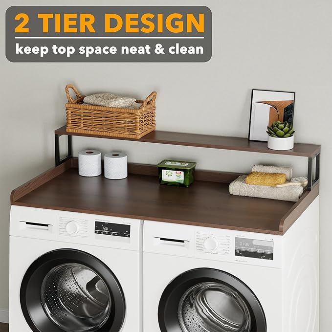 SpaceAid 2-Tier Washer Dryer Countertop, Laundry Topper with Rack Shelf 54" Width x 27.5" Depth x 10" Height Organizer Cover for Washer and Dryer Laundry Hamper Counter Storage (Brown Wood)