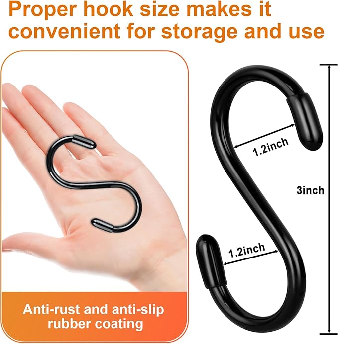 3 Inch Vinyl Coated S Hooks, 12 Pack S Hooks for Hanging Plants Heavy Duty, Small Non Slip Black Rubber Coated Metal Closet Rod Hooks for Hanging Jeans Plants Basket Bags Jewelry Towel Pot Pan Cup