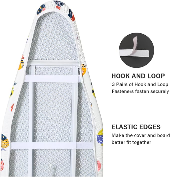 Ironing Board Cover and Pad Standard Size 15" x 54",3 Pairs of Hook and Loop Fastener Straps,Elastic Edges,Cotton Iron Board Cover with Scorch Resistant Thick Padding(White+Fishes)