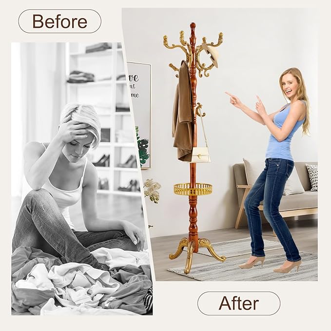 Wooden coat rack stand, Heavy duty coat racks tree freestanding with 11 Hooks and storage basket, Coat tree for jacket, Hats, Bags, Purses, clothes (Triangular base-Begonia 1)