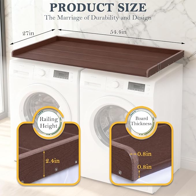 HDPE Washer Dryer Countertop, 54" x 27" Laundry Countertop with 2 Hooks & Non-Slip Pads, Washer and Dryer Topper for Laundry Room Organization, No-Installation(Brown)