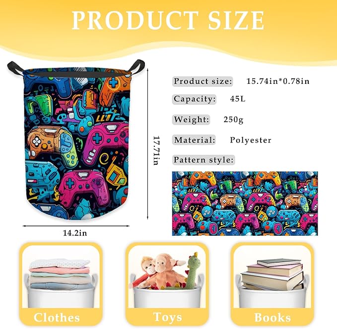 Gaming Gamer Laundry Basket, Colorful Game Controller Waterproof Collapsible Laundry Hamper Dirty Clothes Storage Toy Bin Organizer for Boys Kids Room Bedroom College Dorm Bathroom