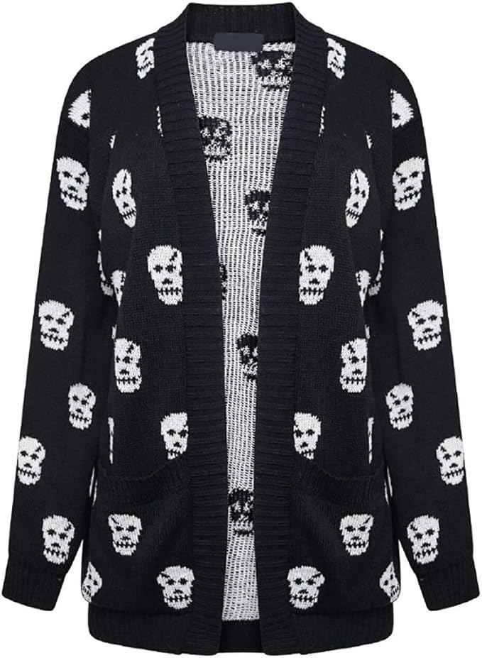 MA ONLINE Ladies Knitted Skull Print Long Sleeve Cardigan Top Women Winter Halloween Shrug Small/3X-Large