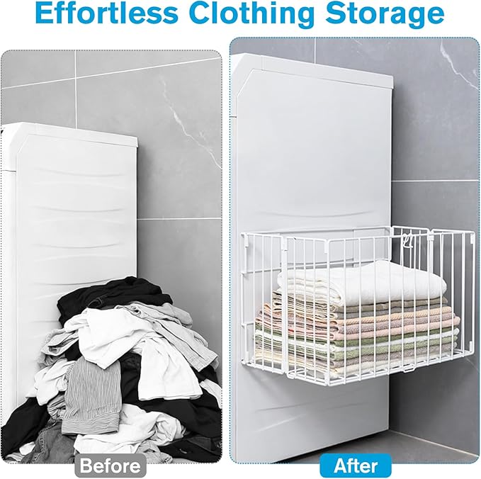 Magnetic Collapsible Laundry Basket, Foldable Metal Laundry Hamper for Washing Machine Side, Space Saving Pop Up Hamper, Laundry Room Organization and Storage (White)