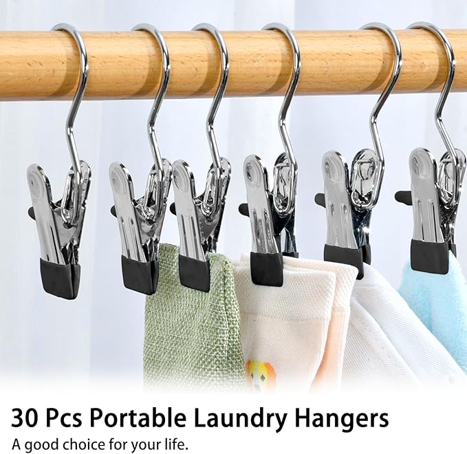 JINGIHE 30 Pack Laundry Hook Hangers Clothes Hanger Clips for Closet Organizer, Stainless Steel Heavy Duty Clothespins Bulk Boot Hanger Clips for Travel Pants Socks Handbags Hats Belt Towels Jean
