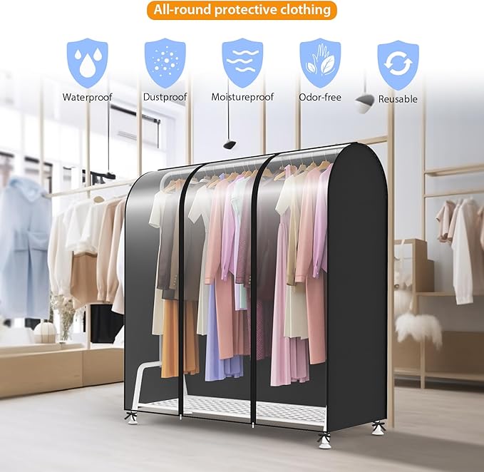 Kntiwiwo Clear Garment Rack Cover, Clothes Rack Cover Clothing Rack Cover with Durable Zippers for Garment Rack, Clothes Rack, White, 50"L x 20"W x 60"H (Rack Not Included)