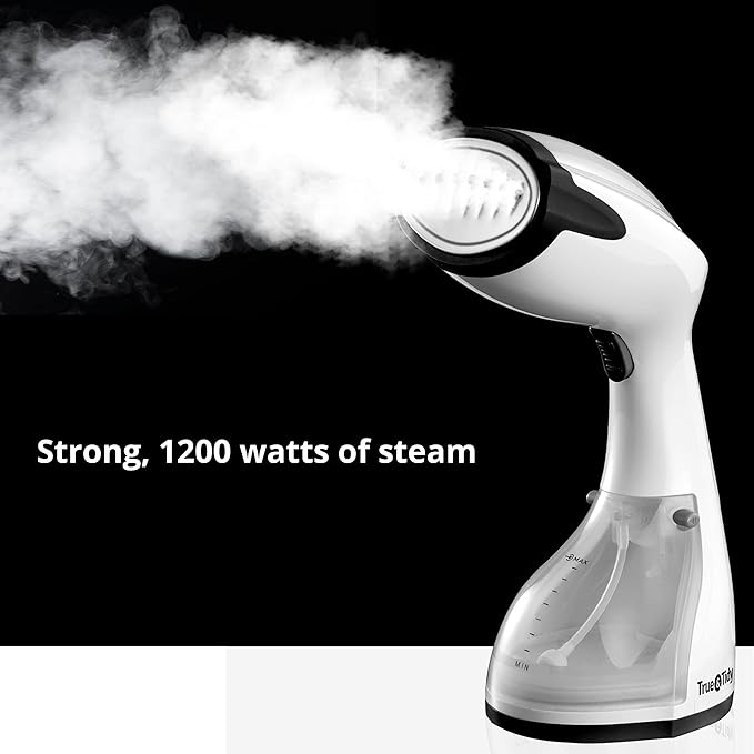 True & Tidy Steamer for Clothes, Portable Handheld Garment Fabric Wrinkles Remover, 30-Second Fast Heat-up, Auto-Off, Large Detachable Water Tank