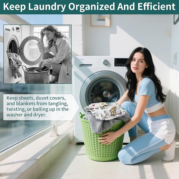 Bed Sheet Detangler with 6-Clip, WAD Preventer Stop Bed Sheets/Duvet Covers/Blankets from Tangling, Twisting & Balling up in Dryer Washer and Dryer, 4 pcs(White)