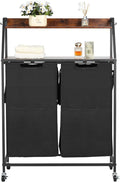 VEVOR 2 Tiers Laundry Sorter, Tall Laundry Hamper with Metal Frame and Wooden Tabletop, 2 Section Rolling Basket Organizer Storage with Ladder Shelves and 600D Oxford Cloth Bags for Dirty Clothes
