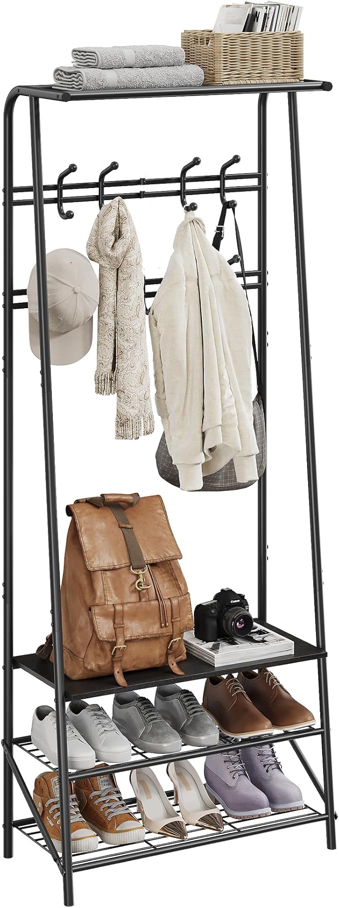Coat Rack, 4-In-1 Hall Tree, Entryway Shoe Bench Coat Standwith Metal Frame, 3-Tier Shelf and 10 Hooks for Entryway,Hallway, Bedroom