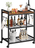 3-Tier Rolling Bar Cart, Vintage Metal Kitchen Cart with Wheels, Mobile Storage Shelf, Rolling Microwave Stand with Mesh Shelves for Home Bar, Kitchen, Rustic Brown and Black TTC06BF