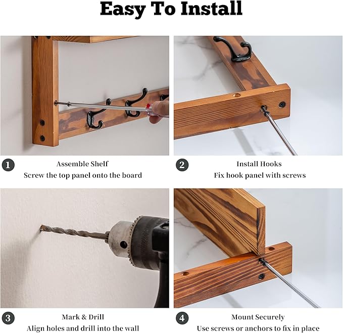 29Inch Wall Mounted Coat Rack with Hooks and Shelf - Large Rustic Wood Coat Hangers for Hats, Keys, Towels, Robes – Functional Entryway Wall Organizer for Bathroom, Kitchen, Mudroom – Brown
