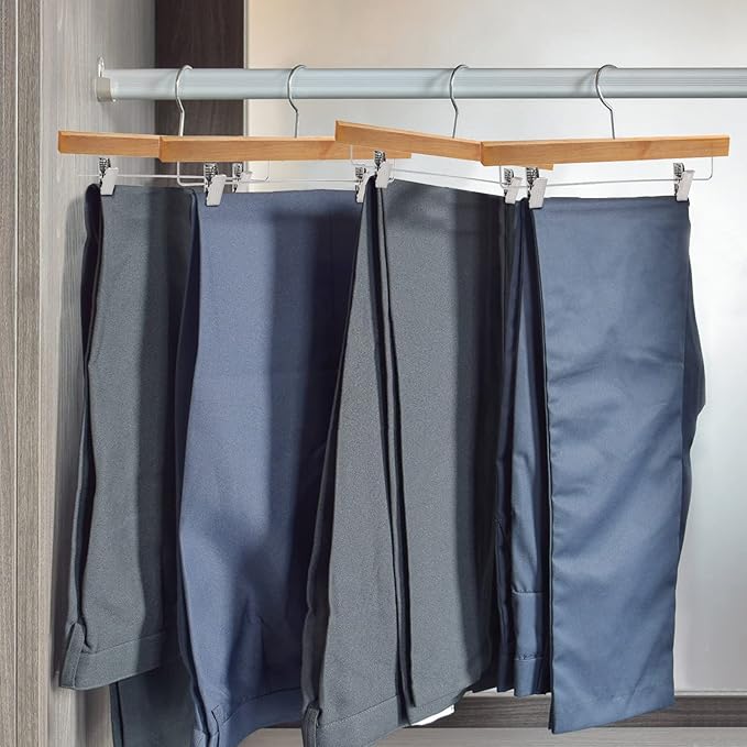 Tosnail 12 Pack Wooden Pants Skirt Hangers with Adjustable Clips, Solid Wood Jeans Hangers with Chromed Swivel Hook, Trouser Hanger for Men and Women's Clothing Closet Organizer