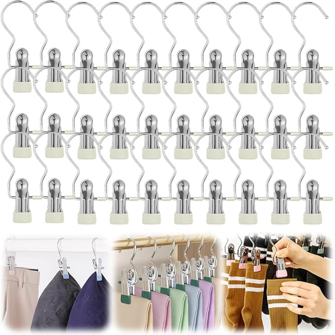 Clothes Pins Hanging Clips, 2025 Upgrade Space-Saving Clothespin Hat Pants Storage Hanging Travel Hook, Multifunctional Hanger Hooks Anti Rust Clips for Clothes (30, Cream)