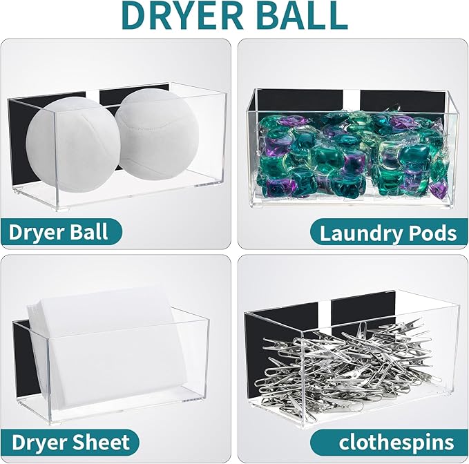 CINPIUK Magnetic Dryer Ball Holder for Laundry Room Organization, Clear Lint Bin with Adhesive Hook, Iron Dryer Ball Container Box for Laundry Room, Office, Bathroom & Craft Supplies, 1Pcs